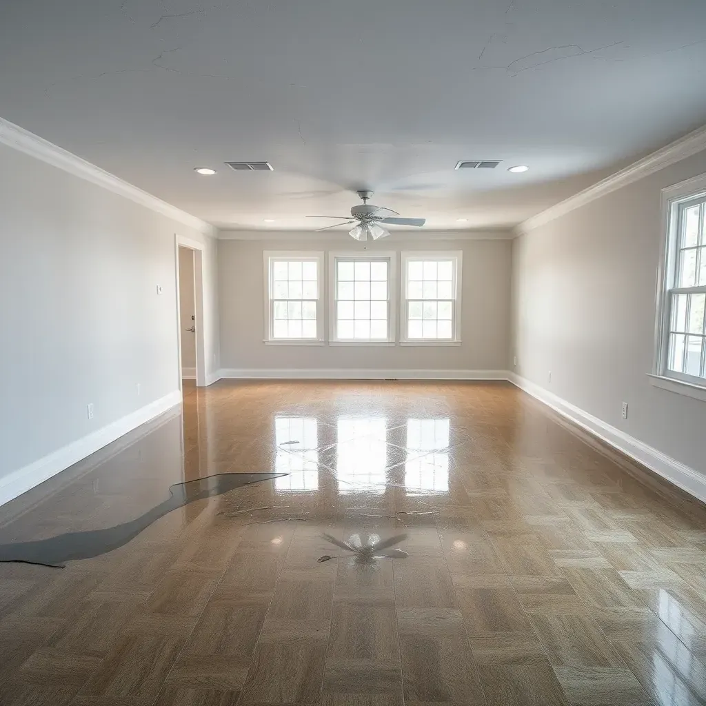 Water damage in Wendell, NC home showing stained, peeling walls, warped floors, mold, and professional drying equipment.