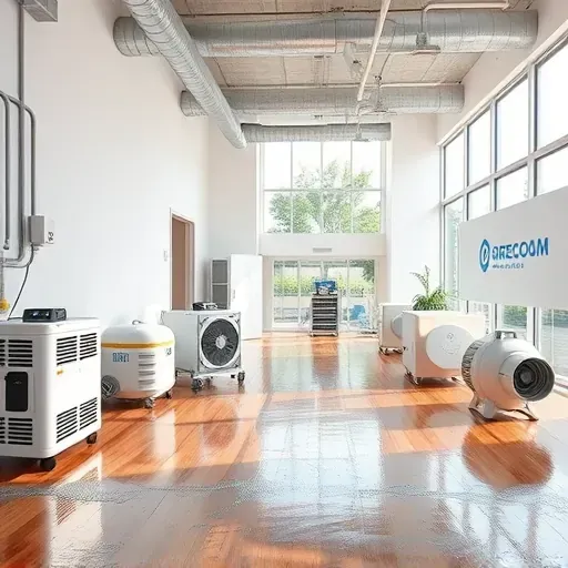 Water damage restoration in Apex, NC: clean workspace with drying equipment, repaired drywall, hardwood floors, and sealed roofs.