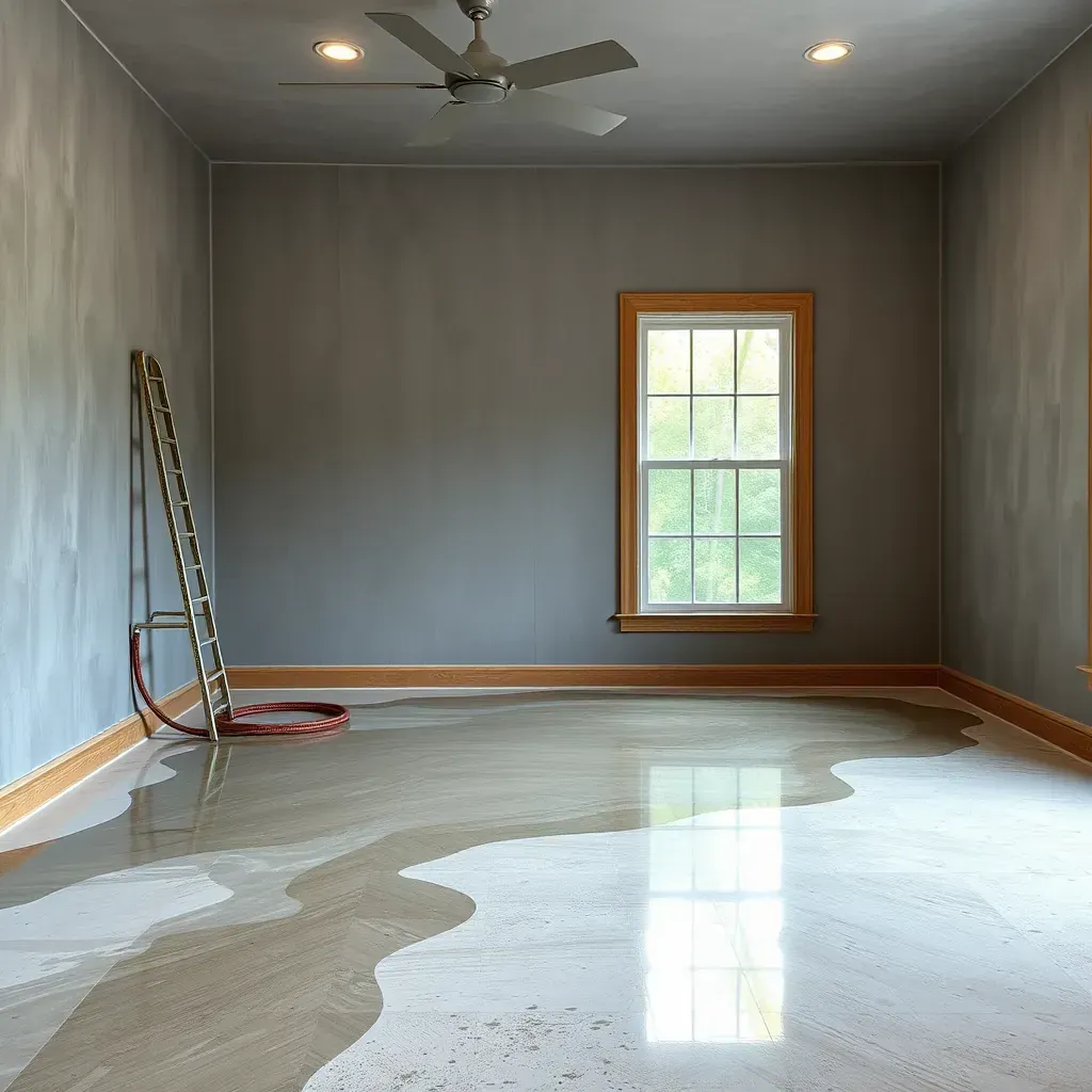 Water damage restoration scene in Raleigh, NC: damaged floors, peeling drywall, mold, and professional drying equipment in a home interior.