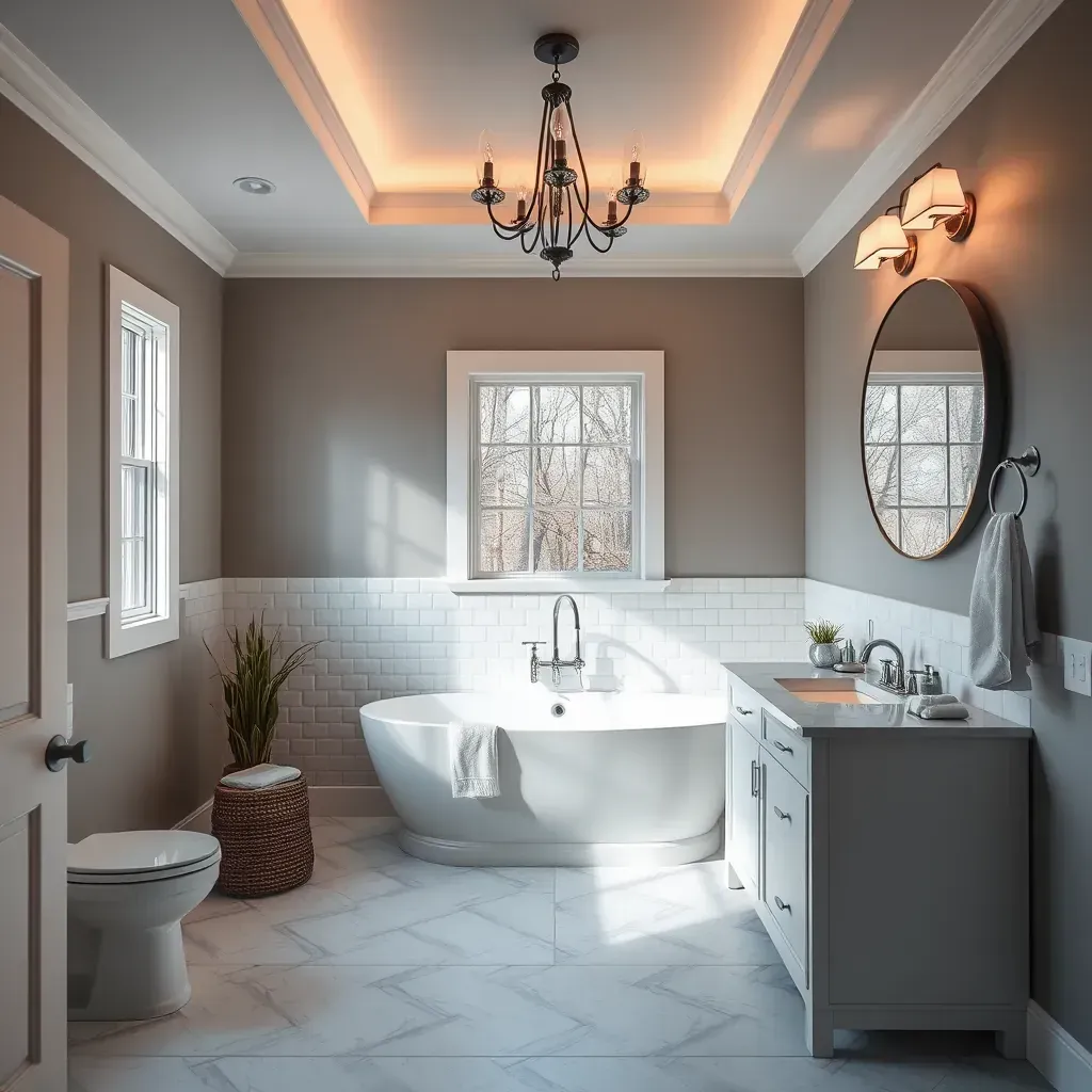 Modern Raleigh bathroom with sleek porcelain tiles, glass shower, soaking tub, custom cabinetry, and natural light.