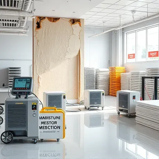 Water damage restoration scene in a clean, organized Erwin, NC workshop with tools, damaged wall, and safety signage.