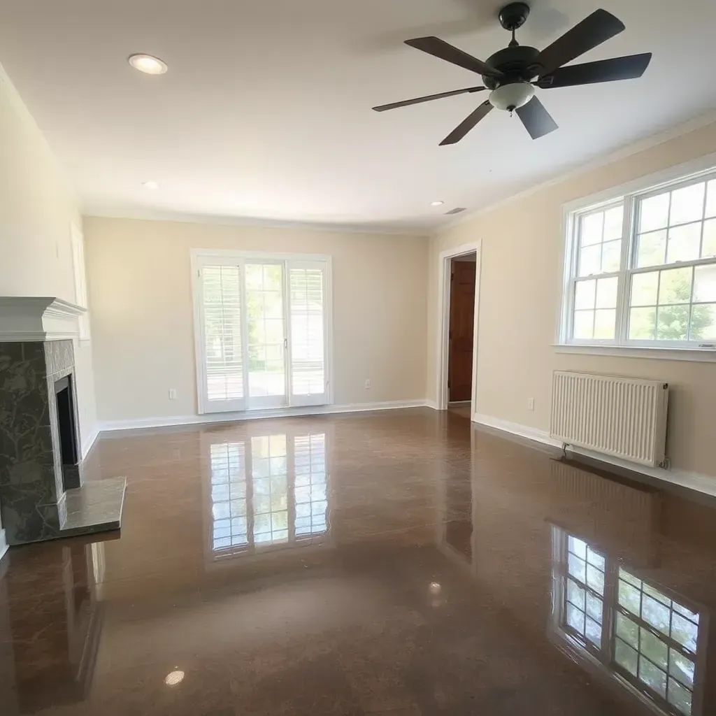 Water damage restoration in Raleigh: soaked carpets, warped floors, water-stained walls, dehumidifiers, fans, and drying equipment.