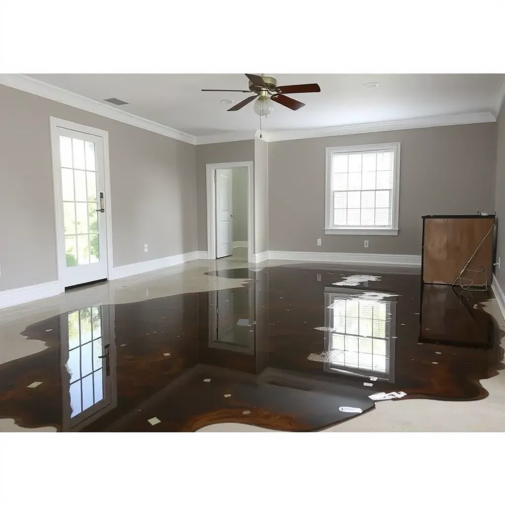 Water damage restoration in Benson, NC: soaked floors, damaged drywall, professional equipment, and ongoing cleanup efforts.