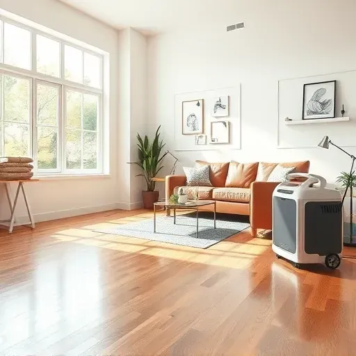 Restored modern living room in Smithfield, NC, showing water damage repair, clean hardwood, neutral walls, and professional touches.