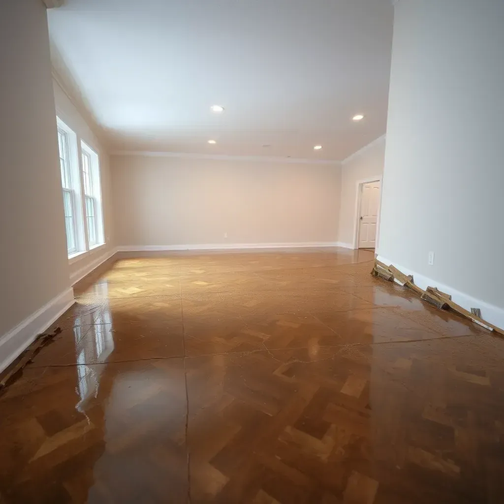 Water damage in a Rolesville, NC home shows stained walls, peeling paint, warped drywall, and exposed soaked hardwood flooring.