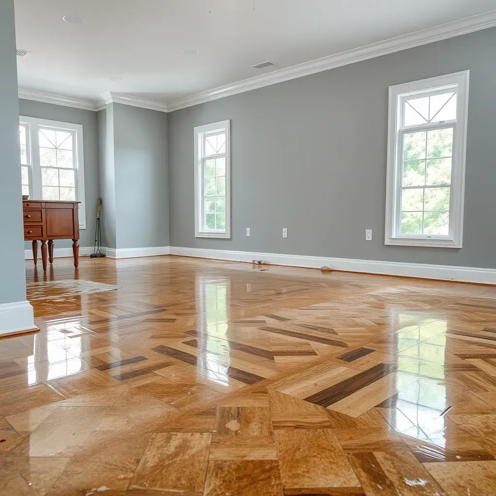 Water damage in a Rolesville, NC home showing warped floors, damp carpet, peeling paint, drywall removal, and restoration equipment.