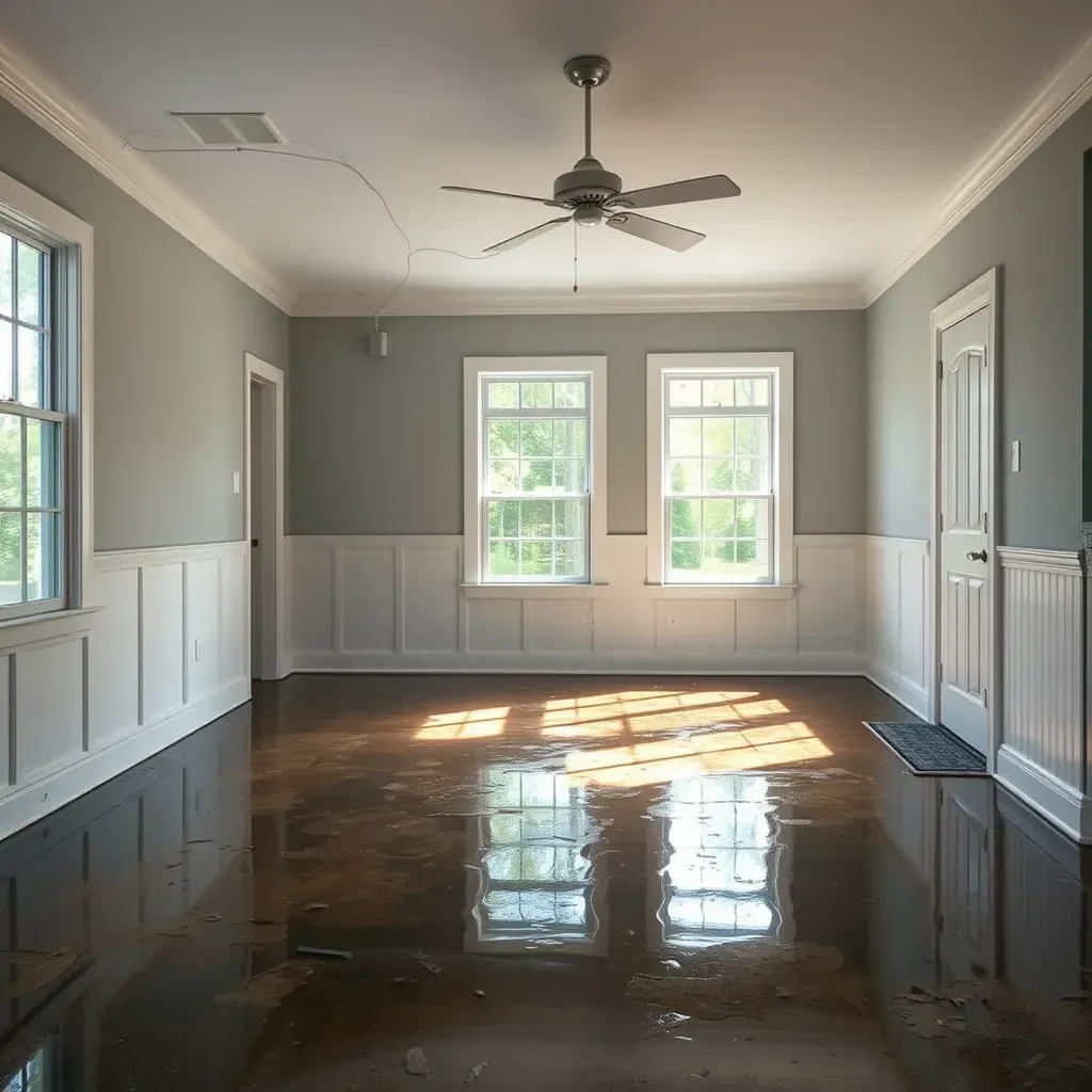 Water damage restoration scene in a Middlesex, NC home showing warped floors, peeling drywall, and drying equipment.