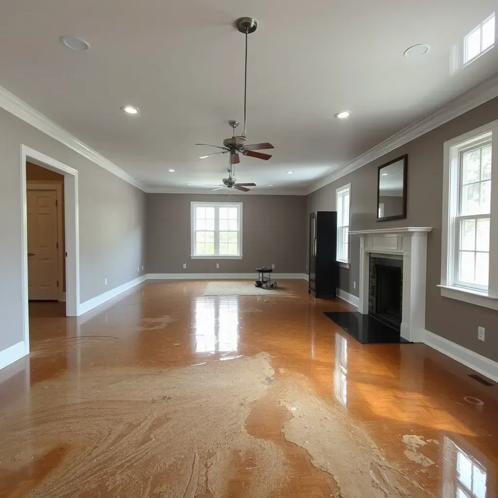 Water-damaged living room in Angier, NC, with wet floors, peeling drywall, restoration equipment, and mold on walls.