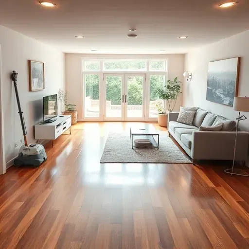 Restored Morrisville basement after water damage, featuring new flooring, dry carpet, painted walls, and professional restoration.