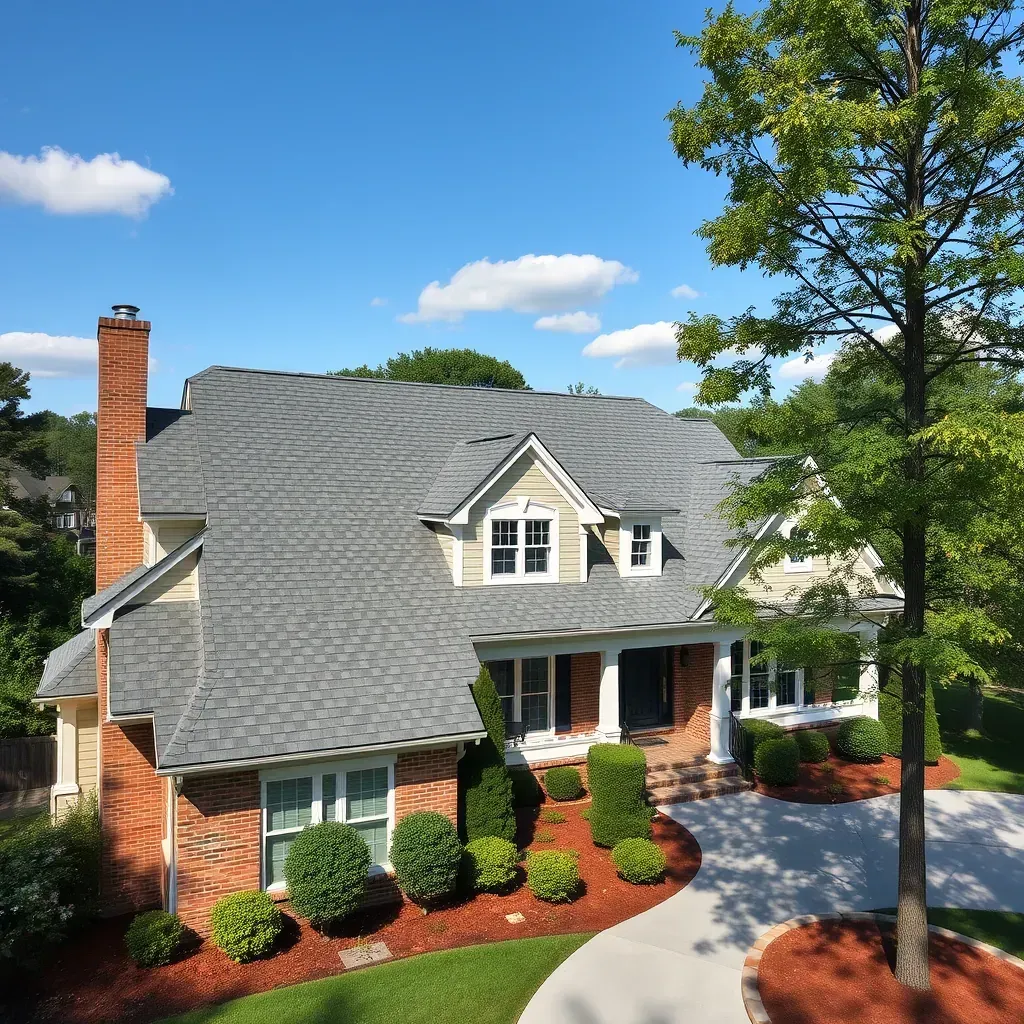 Roofing in Raleigh, NC: detailed asphalt shingle roof with lush greenery, blue sky, and sunlit textures of the house.