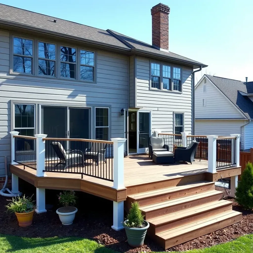 Detailed scene of a professional deck builder constructing a backyard deck in Raleigh, NC, with tools and materials visible.