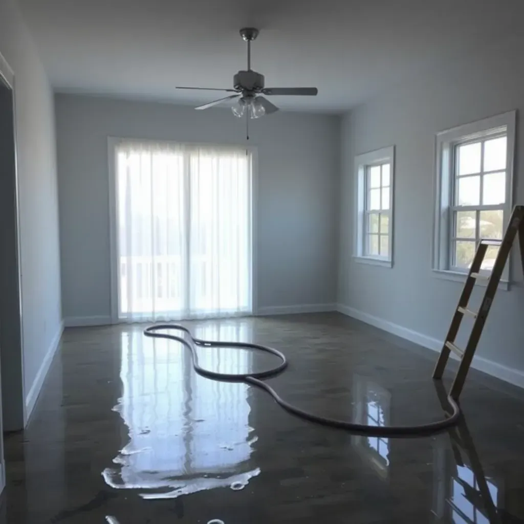 Water damage in Lillington, NC home: wet carpet, stained walls, damaged furniture, and drying restoration equipment.