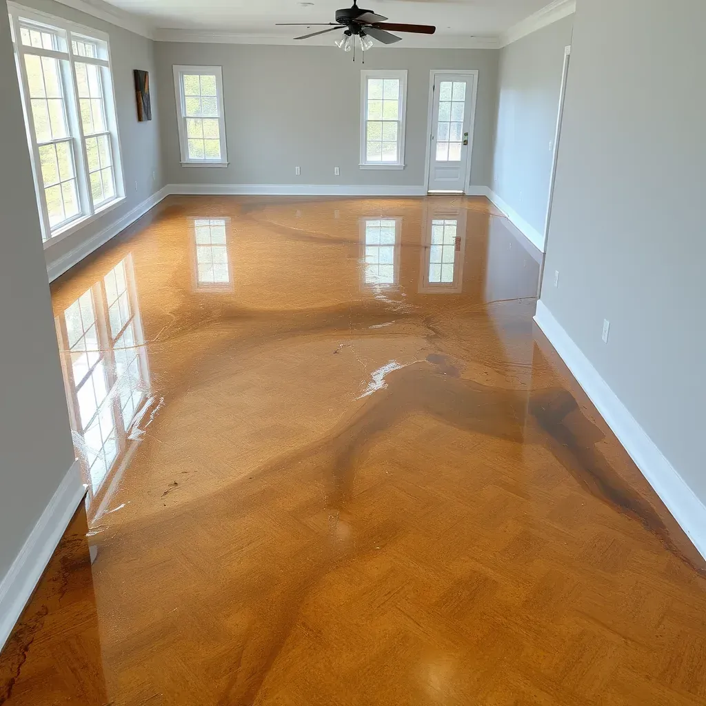 Water damage restoration scene in Holly Springs, NC showing workers drying and repairing flooded areas.