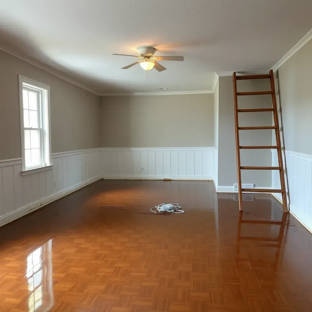Water-damaged Angier home interior with wet floors, drying equipment, water stains, and restoration tools.