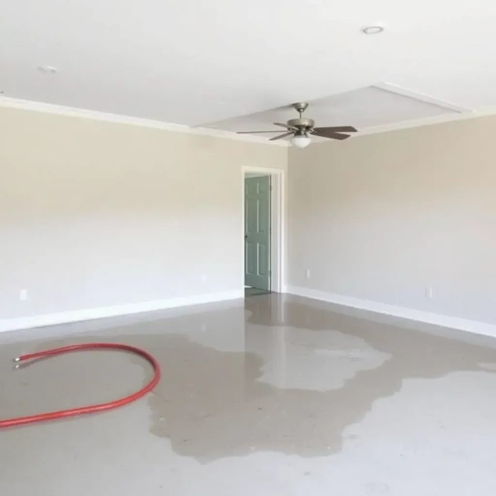 Water damage restoration in Carrboro, NC: affected living room with warped floors, water stains, and drying equipment.