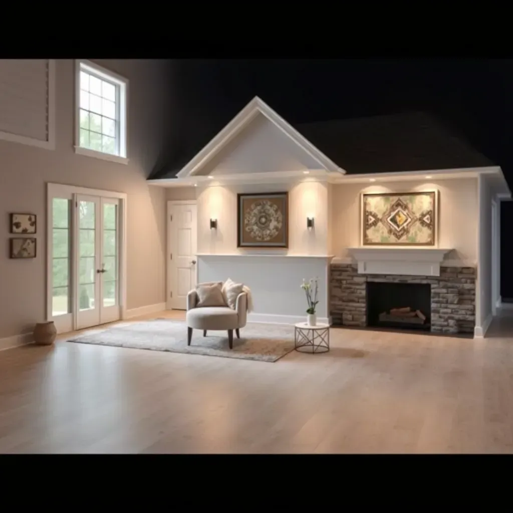 Home restoration and remodeling scene in Fuquay-Varina, NC; suburban house with new siding, paint, windows, and construction materials.