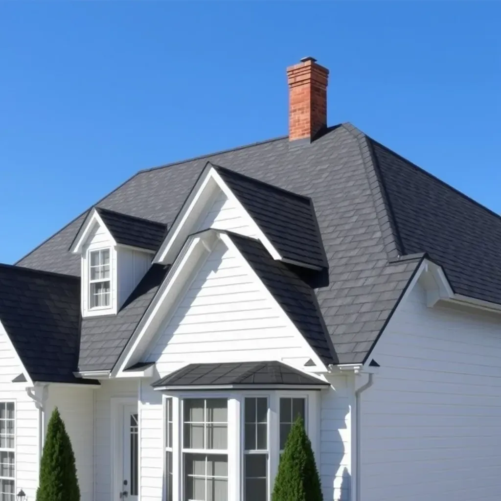 A professional roofer inspecting a modern asphalt shingle roof in Raleigh, NC, during sunny weather.