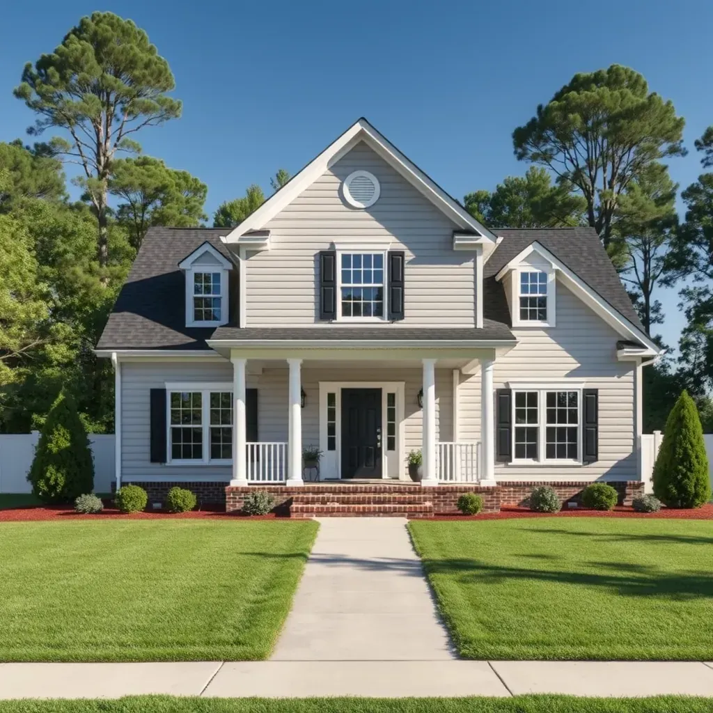 Renovated NC home with fresh siding, stone accents, lush landscaping, and ongoing remodeling in a charming Rolesville neighborhood.
