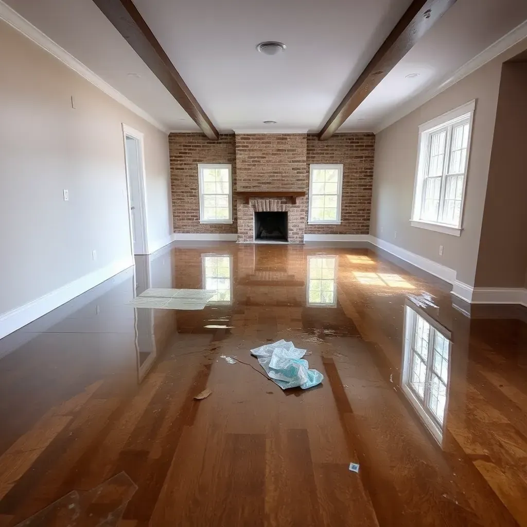 Water damage restoration scene in Raleigh, NC showing technicians drying a flooded room with equipment.