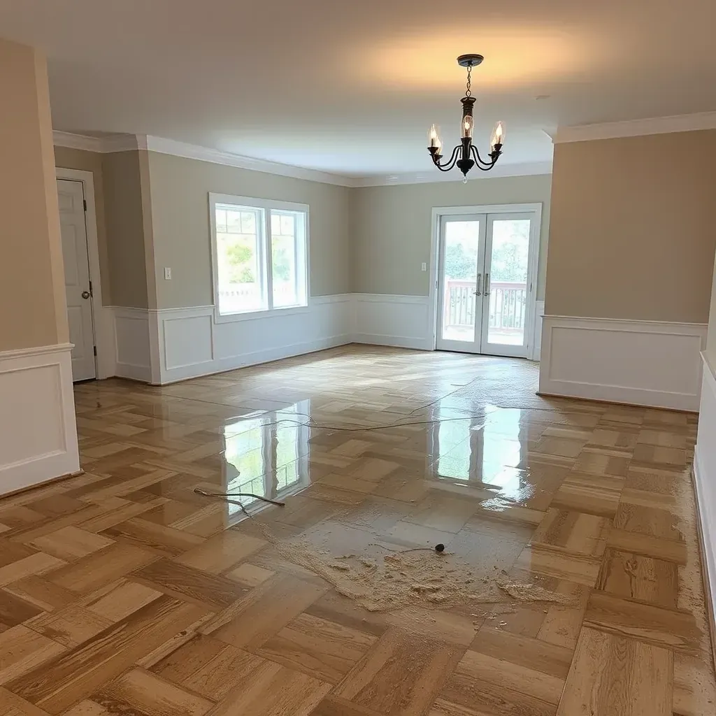 Water damage restoration in Oxford, NC: soaked floors, water stains, drying equipment, and moisture meters in a flooded home.