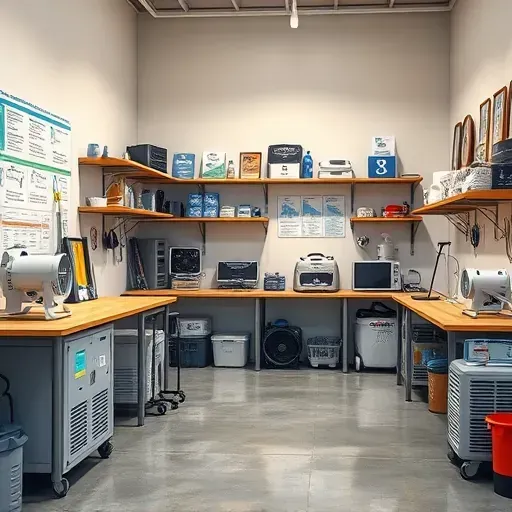 Interior of a professional water damage restoration workshop in Oxford, NC, with tools, equipment, charts, and certifications.