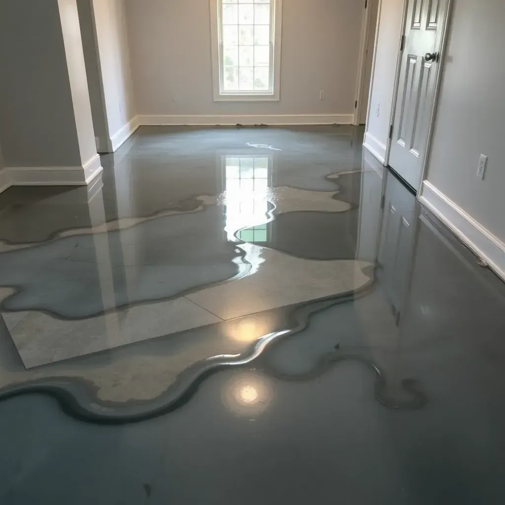 Water damage restoration scene in Wake Forest, NC: soaked hardwood, peeling wallpaper with mold, water-stained furniture, dehumidifier, fans, and wet spots.