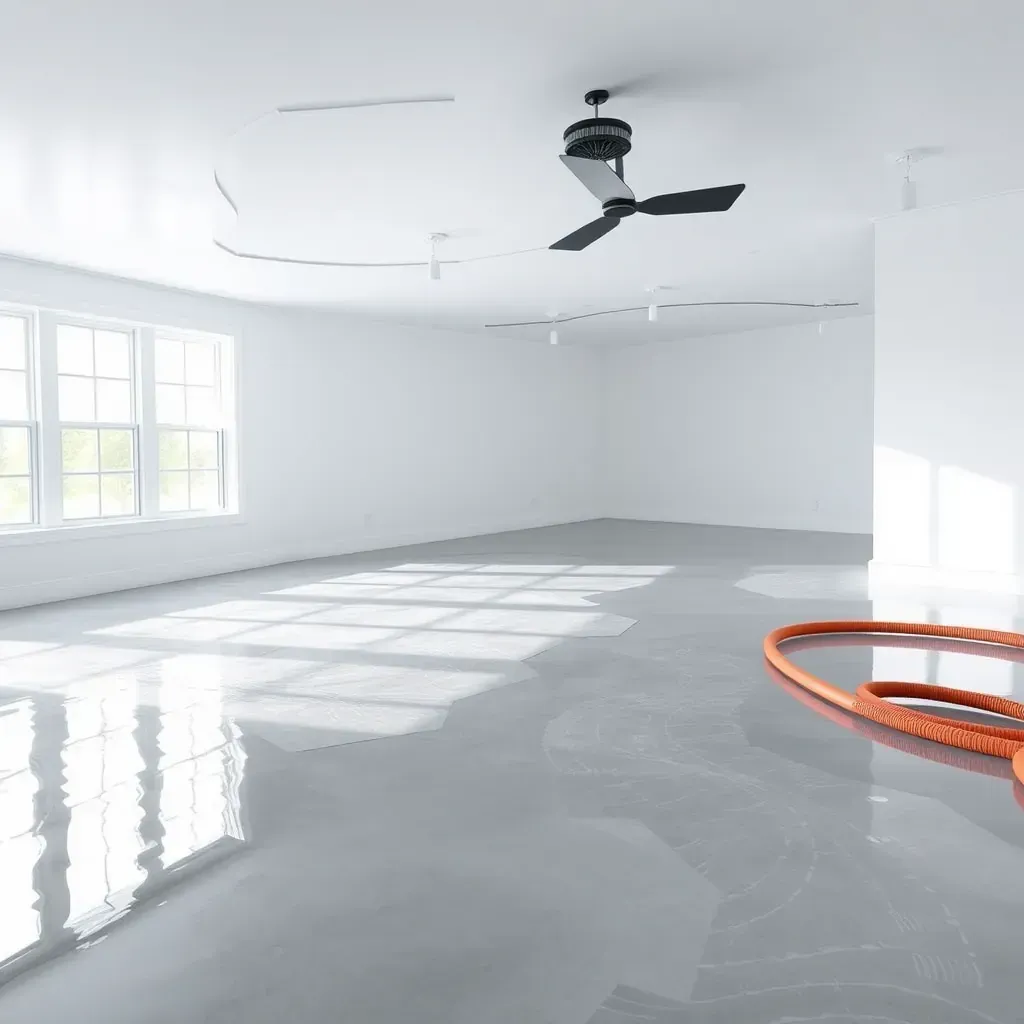 Water damage restoration scene in Dunn, NC with warped floors, peeling drywall, mold, and drying equipment.