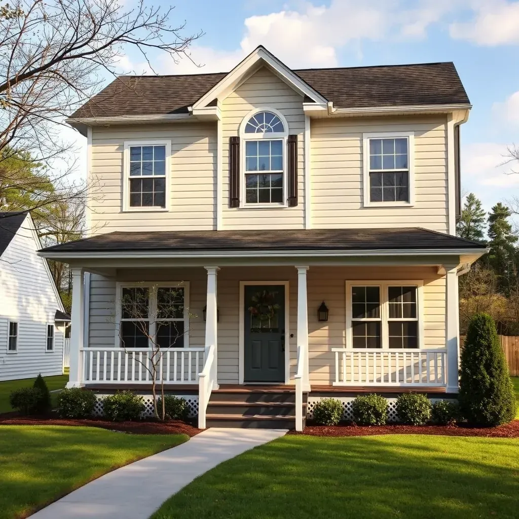 Modern home in Selma, NC undergoing renovation with fresh paint, new windows, scaffolding, landscaping, and rural charm.