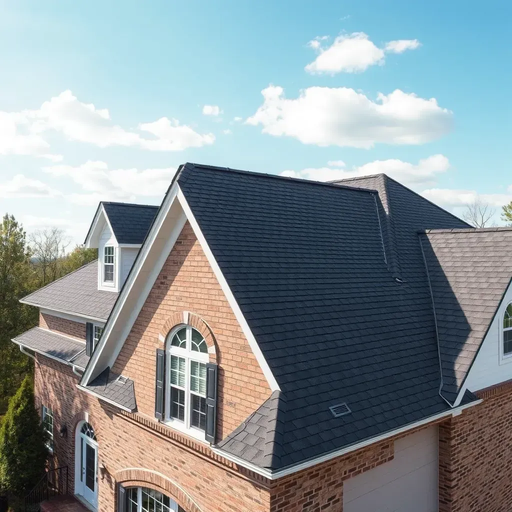 Close-up of asphalt shingle roof in Raleigh, NC with city skyline and blue sky in the background.
