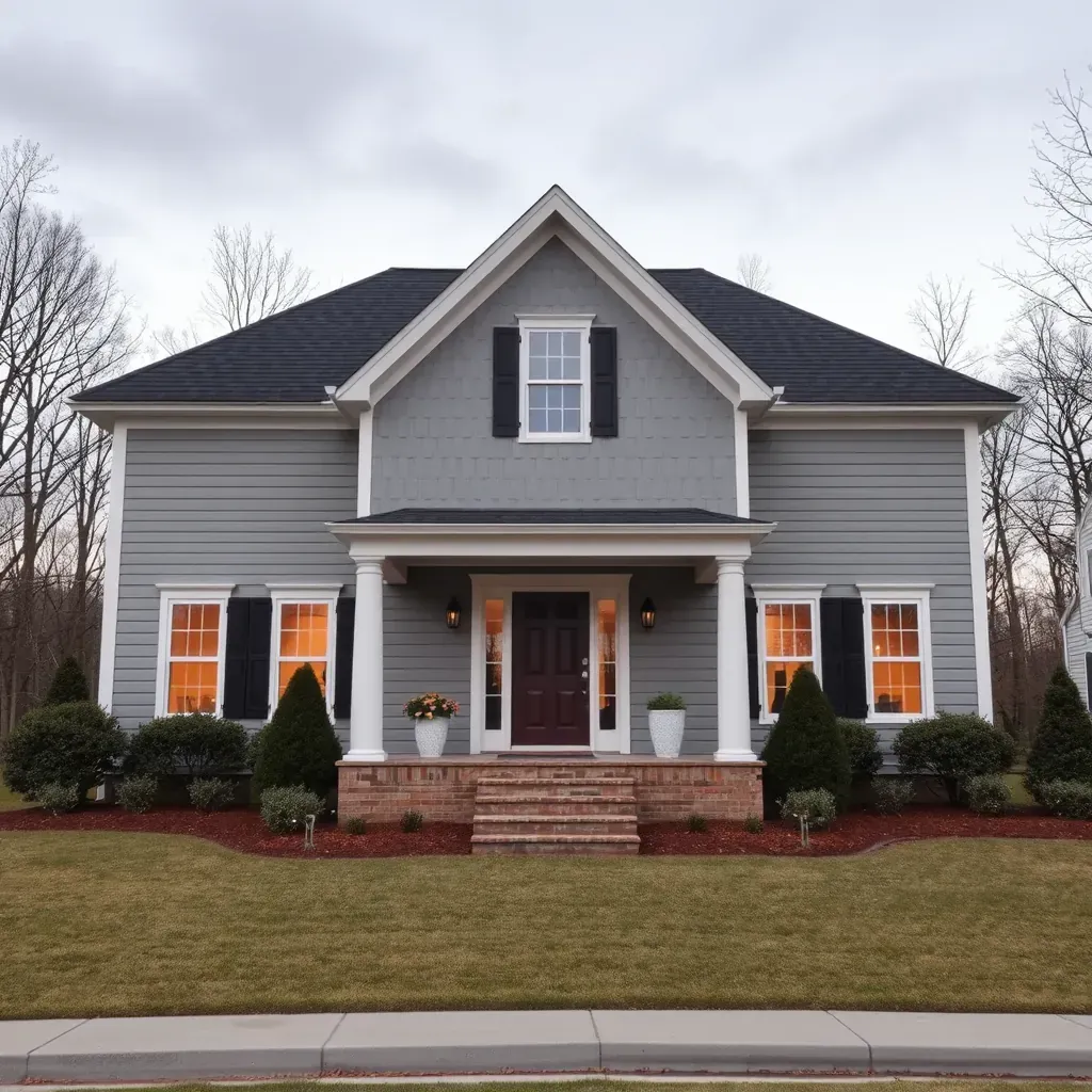 Restored Wake Forest home exterior with fresh siding, lush lawn, landscaping, and ongoing renovation details.