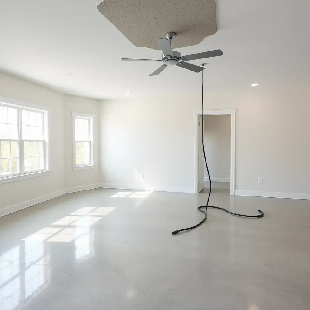 Water damage restoration scene in a Garner, NC home showing wet drywall, stained floors, dehumidifiers, fans, and moisture meters.
