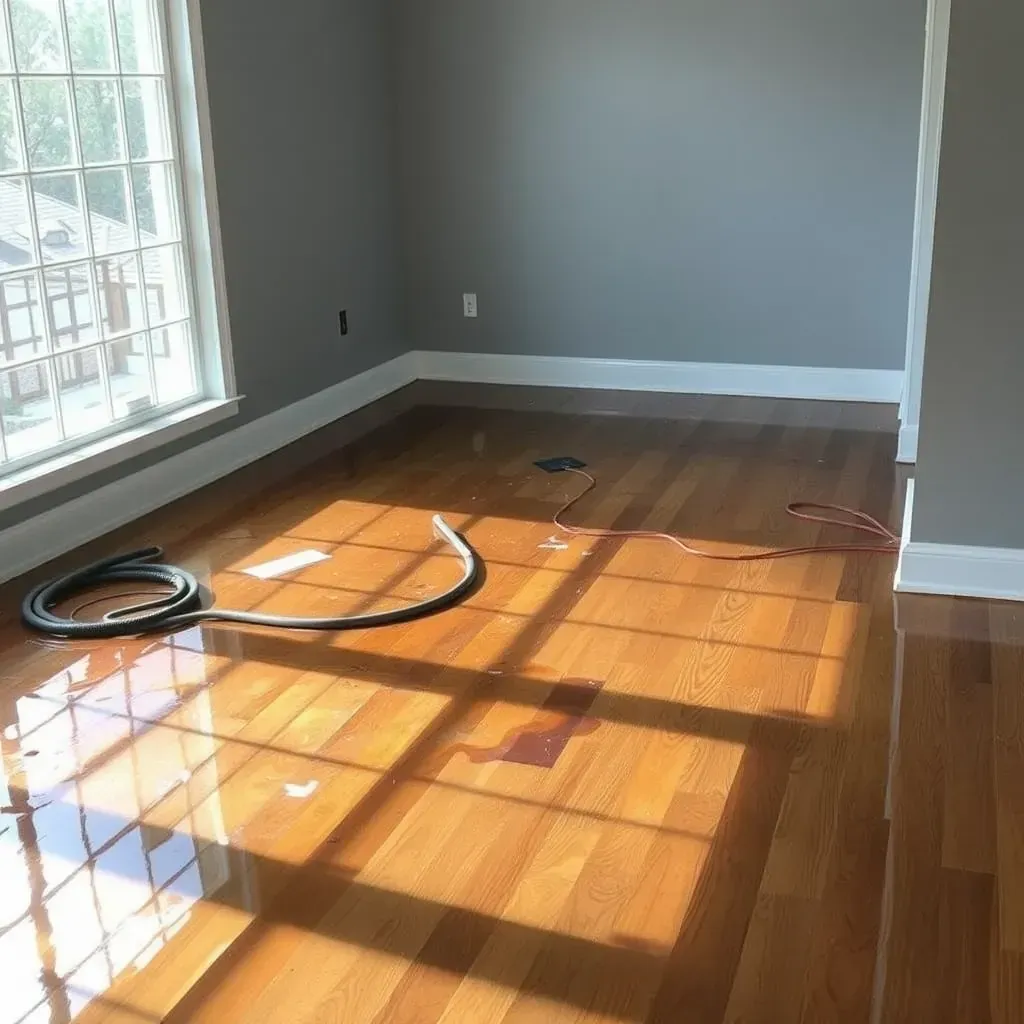 Water damage restoration scene in Princeton, NC home: wet floors, damaged walls, drying equipment, and repair efforts.