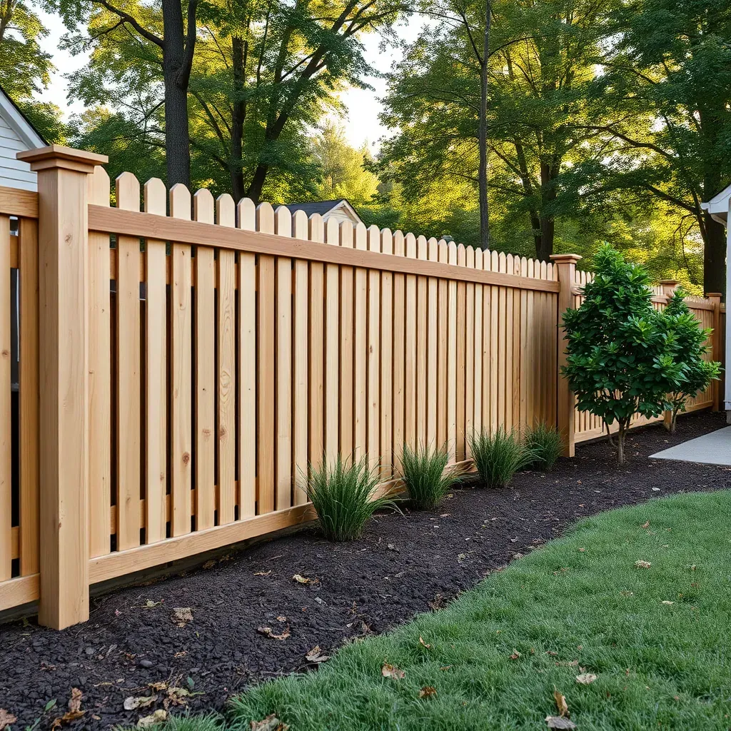 Sunny day with a newly renovated wooden fence along a green yard in Raleigh, NC, featuring fresh stain and well-maintained surroundings.