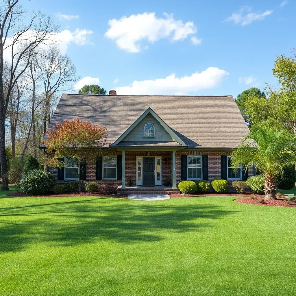 Residential Raleigh, NC home with gray asphalt shingle roof, brick chimney, lush trees, and vibrant blue sky.