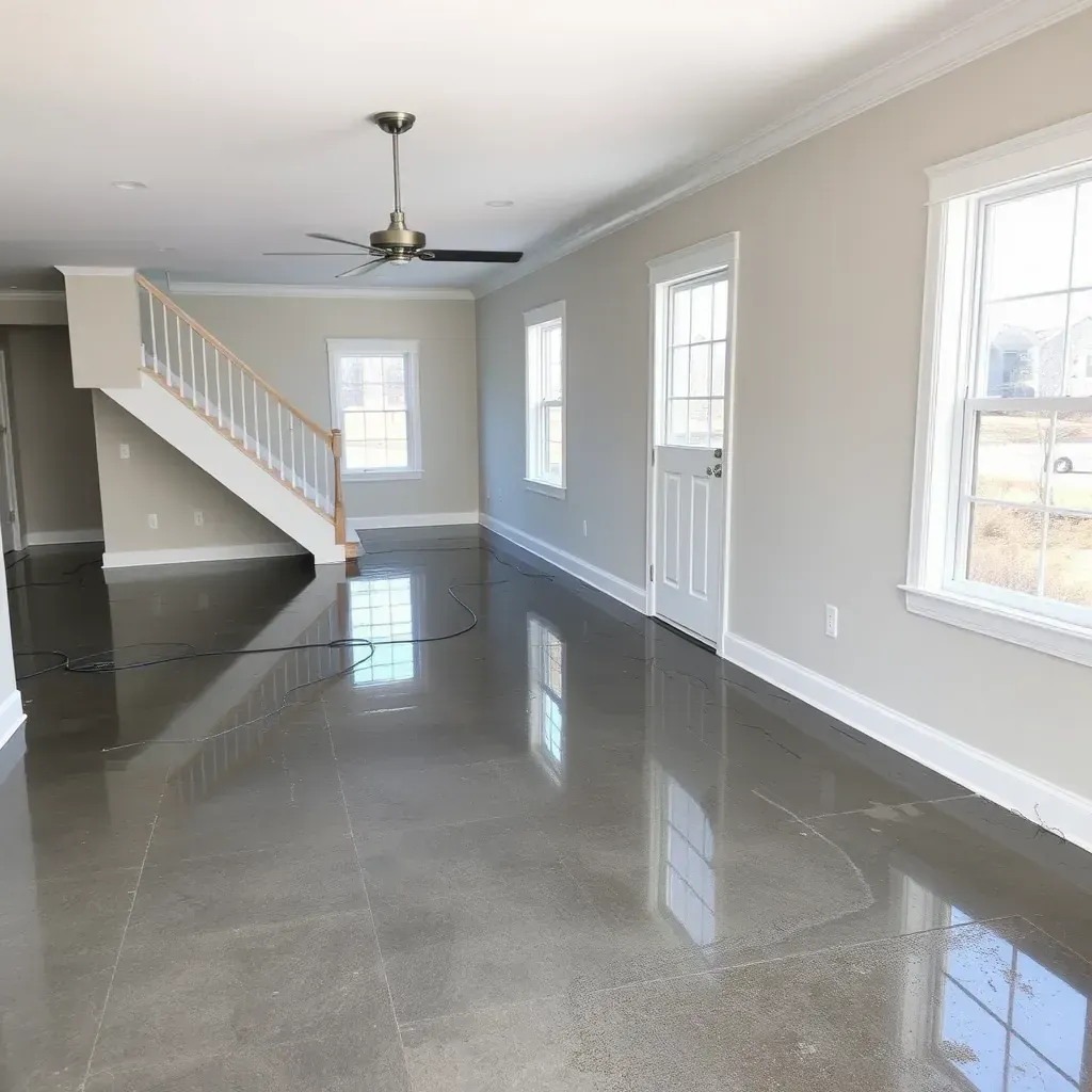 Water damage restoration in Angier, NC, showing wet floors, mold, and drying equipment in a flooded home interior.