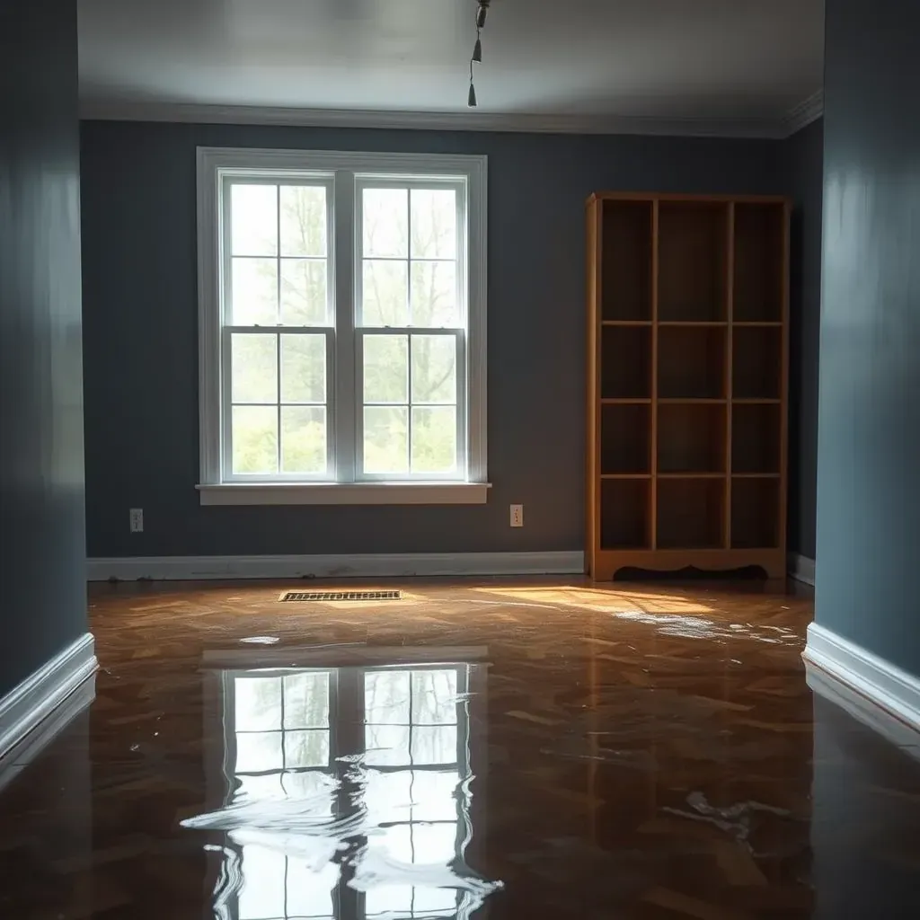 Interior of a home with water-damaged, warped hardwood floors, stained drywall, mold, and drying equipment during restoration.