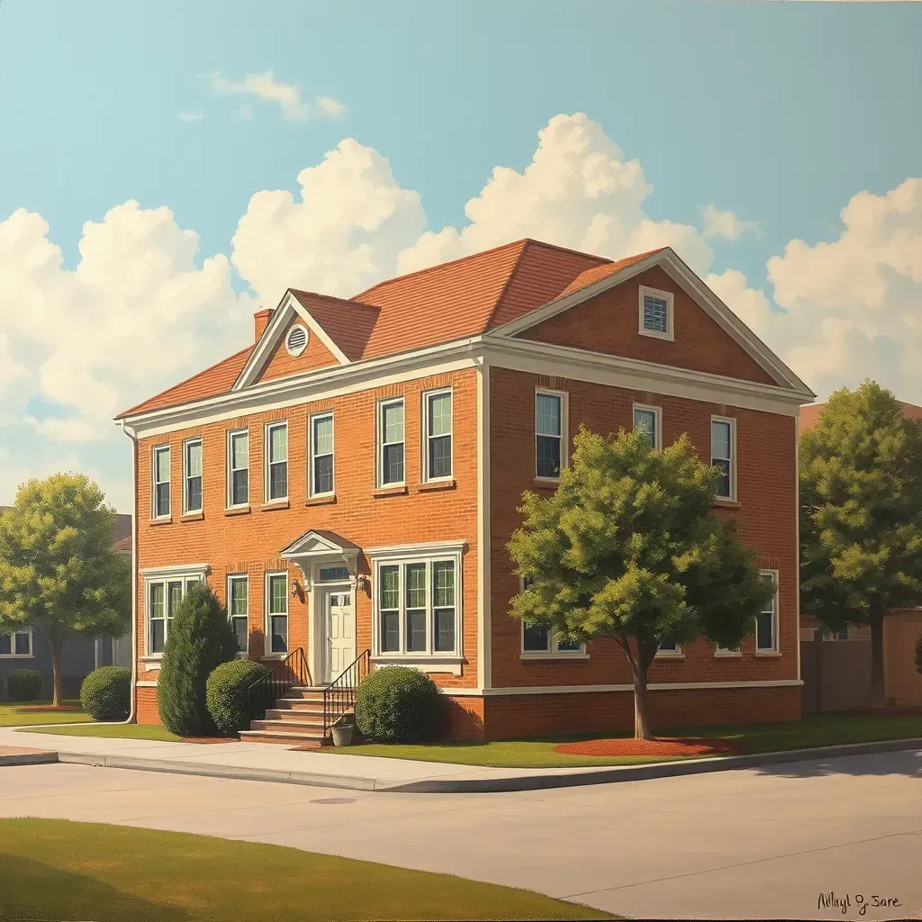 Large Raleigh skyline sunset painting featuring downtown buildings, parks, and vibrant sky in a modern gallery setting.