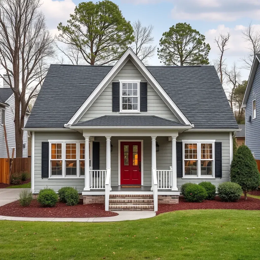 Modern Raleigh home with new sunroom, garage extension, covered porch, lush greenery, and clear blue sky.