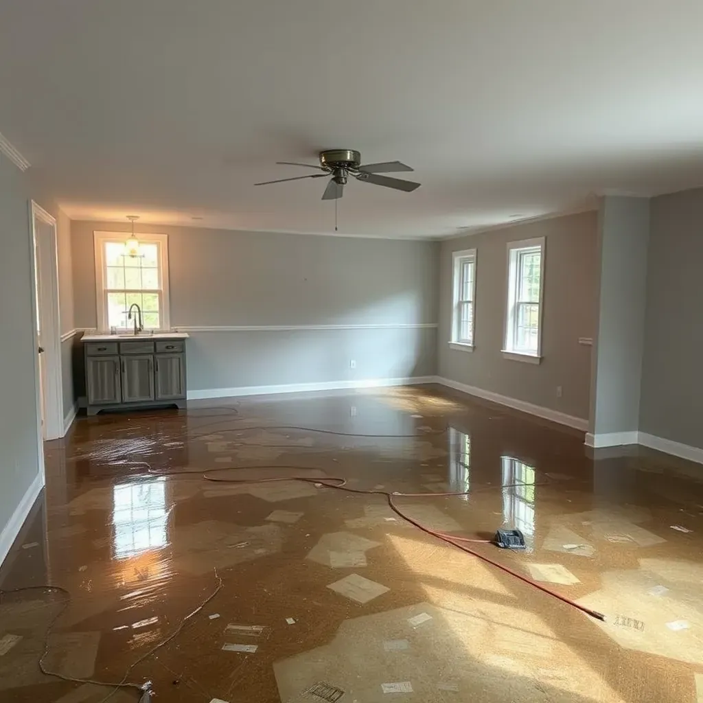 Interior of Benson, NC home with water damage, drying equipment, and repaired drywall after restoration.