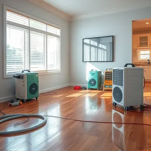 Water damage restoration in Garner, NC showing cleaned hardwood floors, dry drywall, and organized tools in a modern home.