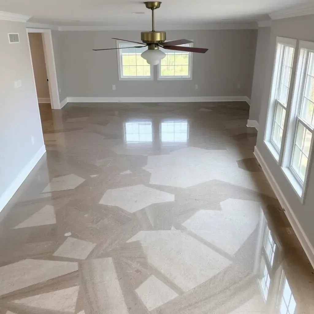 Water damage in a Holly Springs, NC home: wet hardwood floors, damaged drywall, restoration fans, dehumidifiers, lush outdoor view.