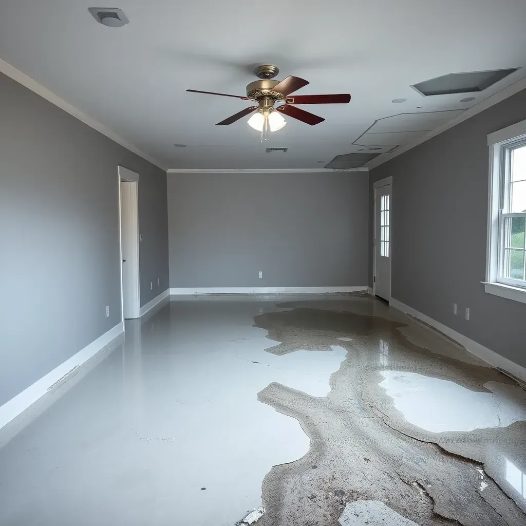Interior of a water-damaged home in Bunn, NC, showing soaked floors, moldy drywall, and drying equipment in progress.