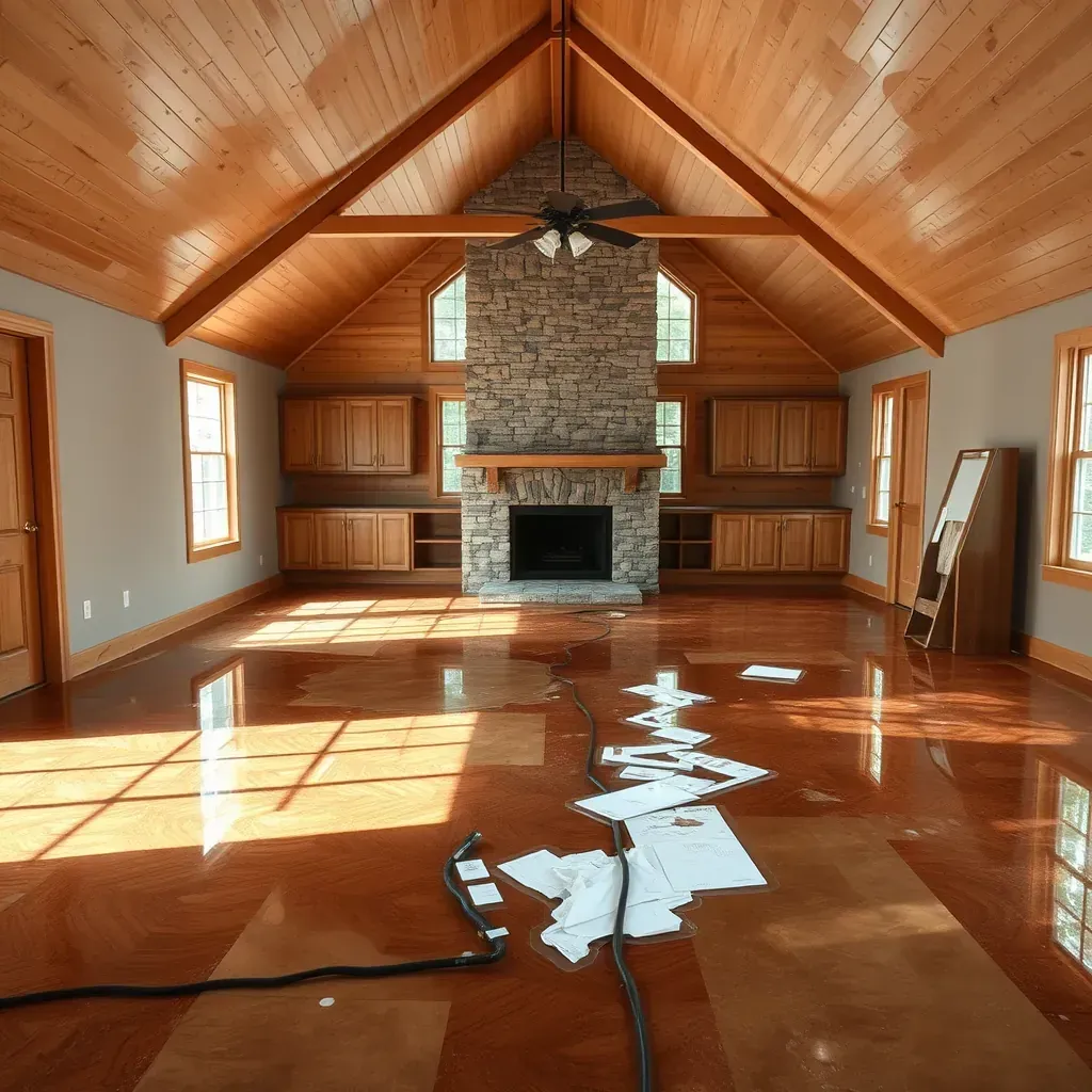 Water damage restoration in Archer Lodge, NC shows a repaired living room with dry walls, new flooring, and restoration equipment.