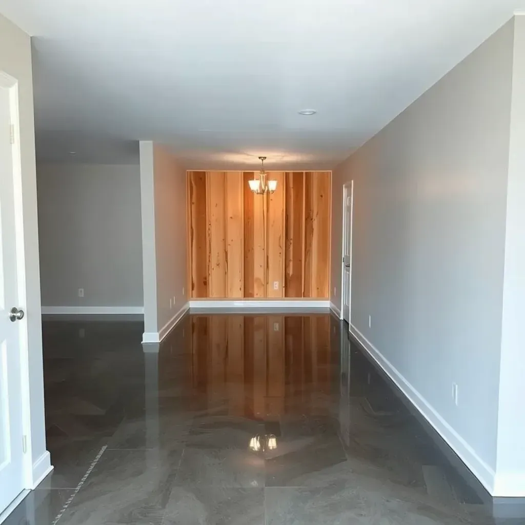 Water damage restoration in Youngsville, NC: cleaned basement with drying equipment, water stains, warped beams, and organized tools.