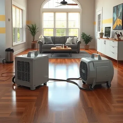 Restored home interior in Selma, NC, showing cleaned hardwood floors, repaired walls, dehumidifiers, and industrial fans.