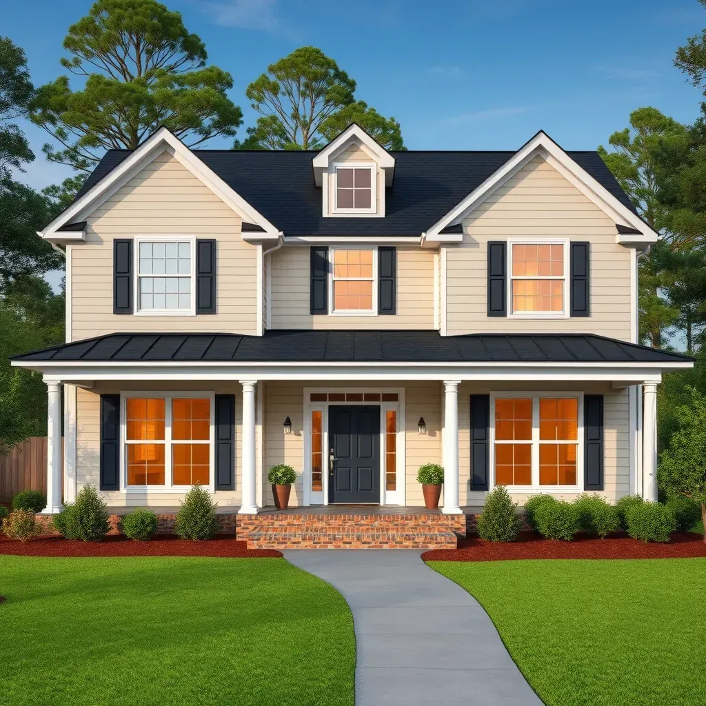 Detailed Benson, NC home undergoing restoration with workers, scaffolding, fresh siding, and lush landscaping visible.