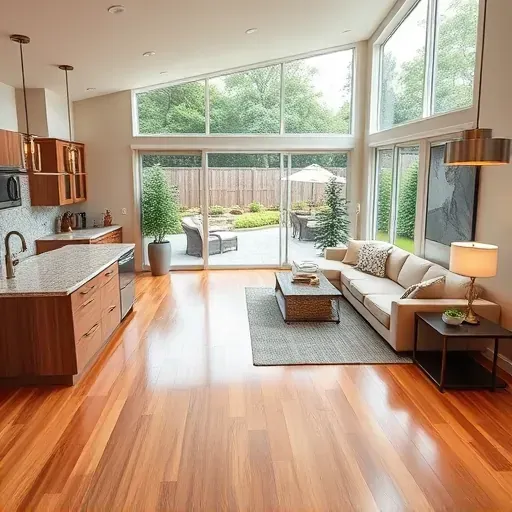 Interior of a renovated Archer Lodge home with modern open living space, hardwood floors, floor-to-ceiling windows, and stylish decor.