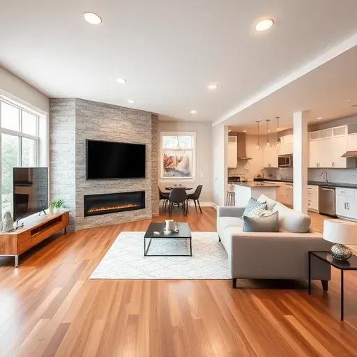 Modern renovated living room in Rolesville, NC with hardwood floors, neutral walls, large windows, and stylish furnishings.
