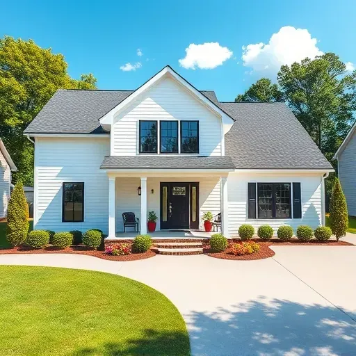 Renovated Holly Springs home with white siding, black window frames, landscaped yard, vibrant plants, and a welcoming porch.