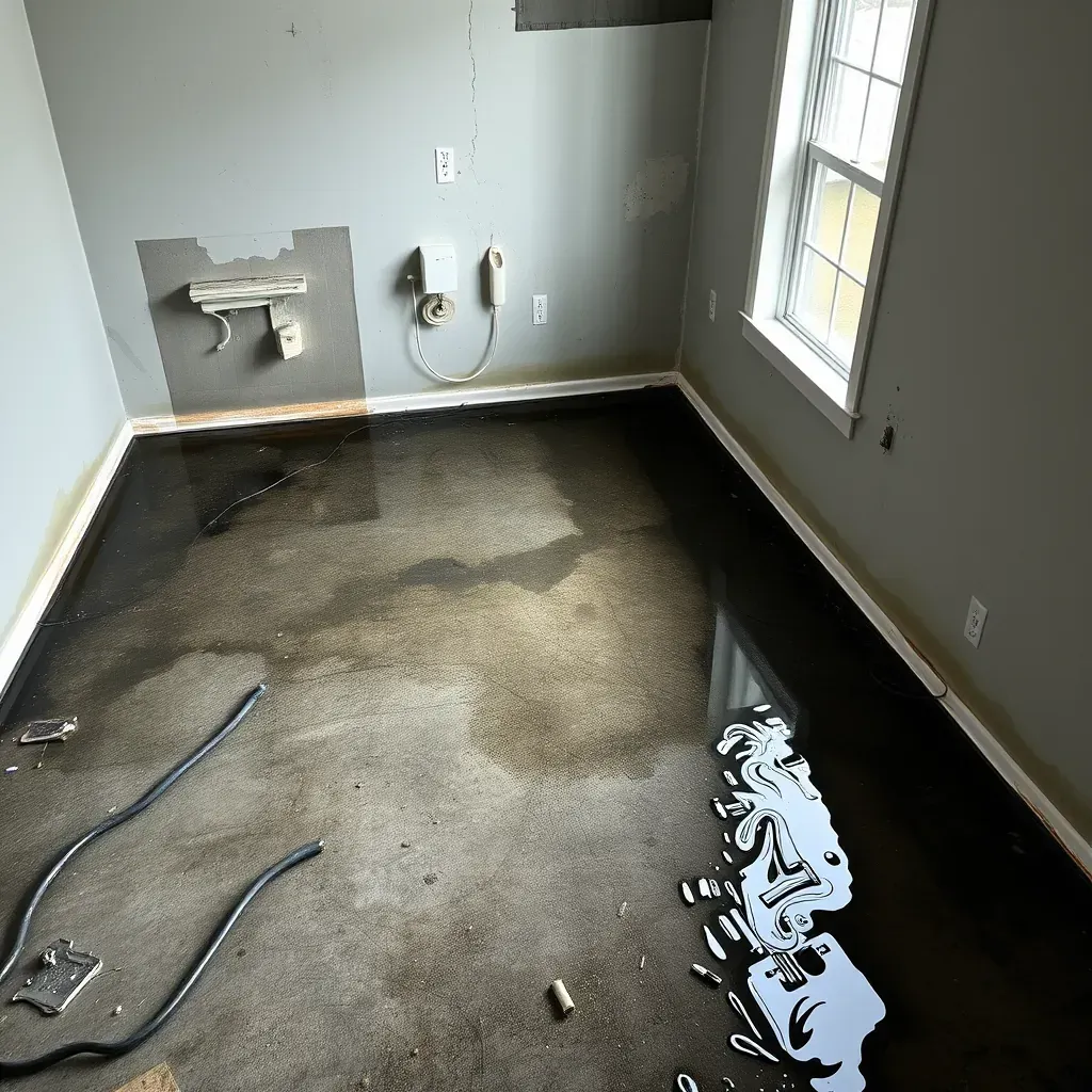 Water damage restoration in Benson, NC showing wet floors, peeling paint, exposed studs, and drying equipment inside a damaged building.